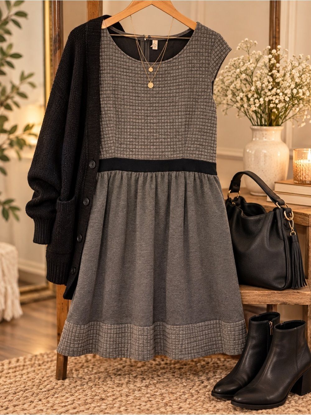 Xhilaration XXL Gray & Black Textured Fit and Flare Dress
